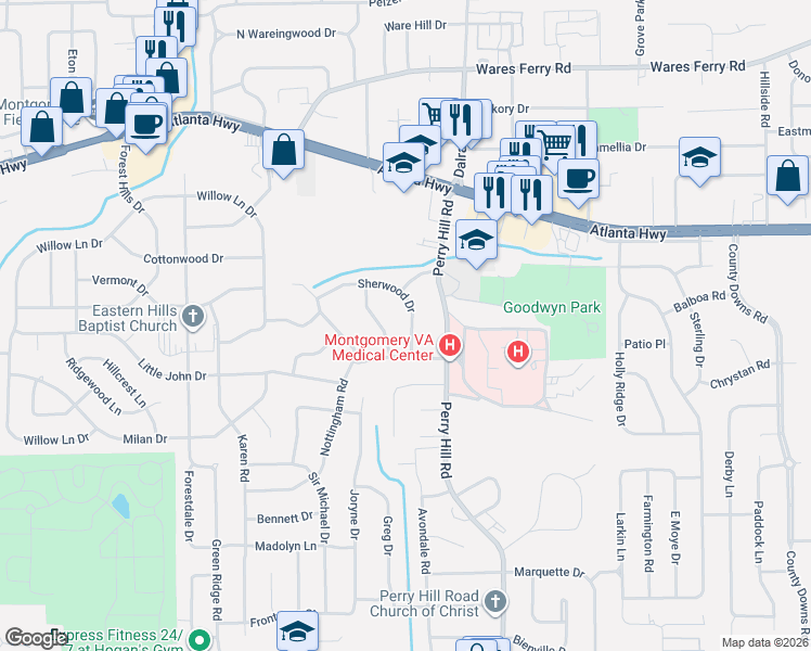 map of restaurants, bars, coffee shops, grocery stores, and more near 3854 Sherwood Drive in Montgomery
