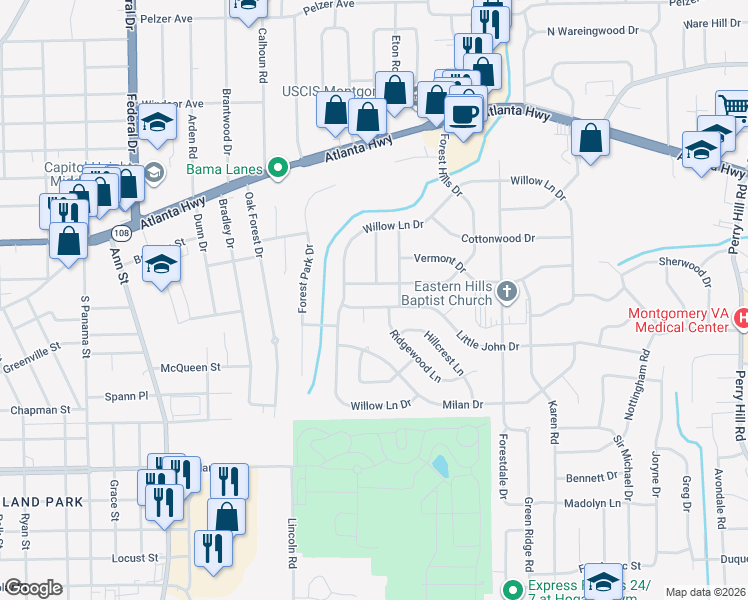 map of restaurants, bars, coffee shops, grocery stores, and more near 601 Forest Hills Drive in Montgomery