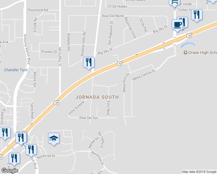 map of restaurants, bars, coffee shops, grocery stores, and more near 5273 Feliz Real in Las Cruces