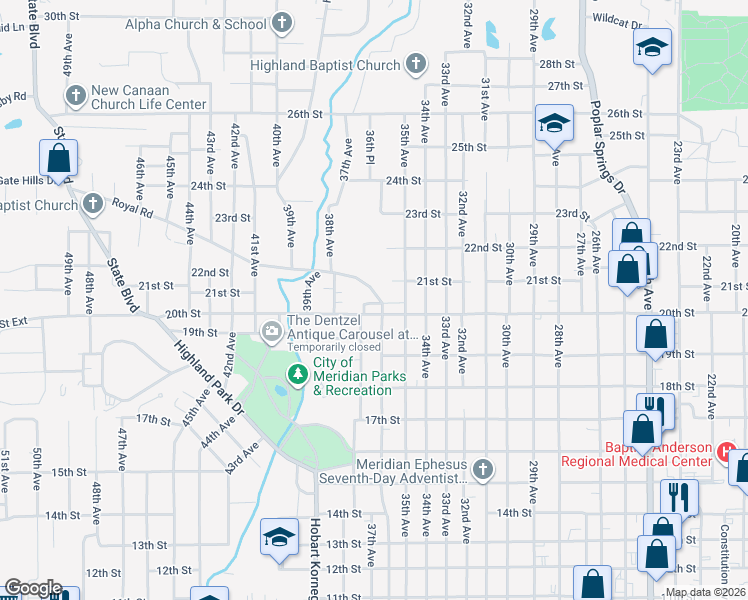 map of restaurants, bars, coffee shops, grocery stores, and more near 3619 Royal Road in Meridian