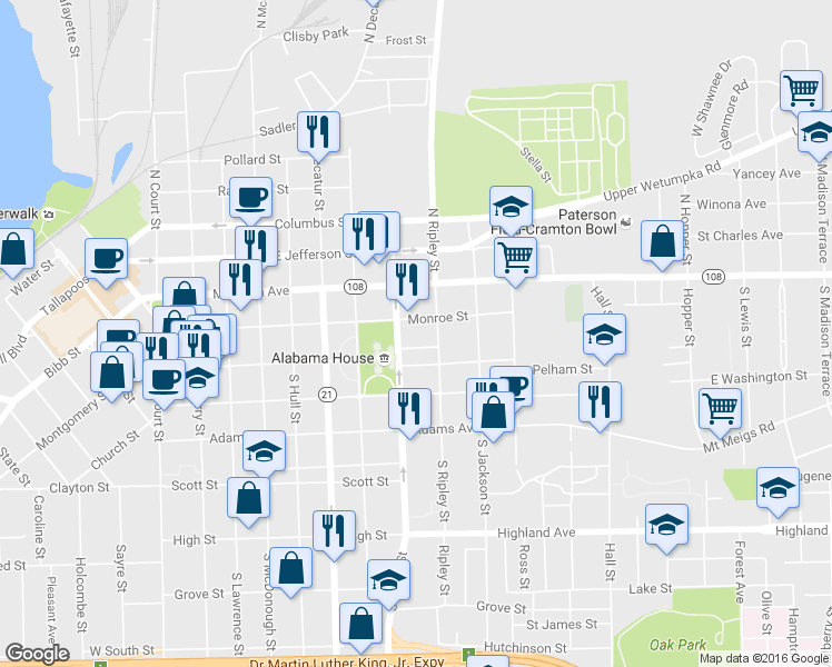 map of restaurants, bars, coffee shops, grocery stores, and more near 64 North Union Street in Montgomery