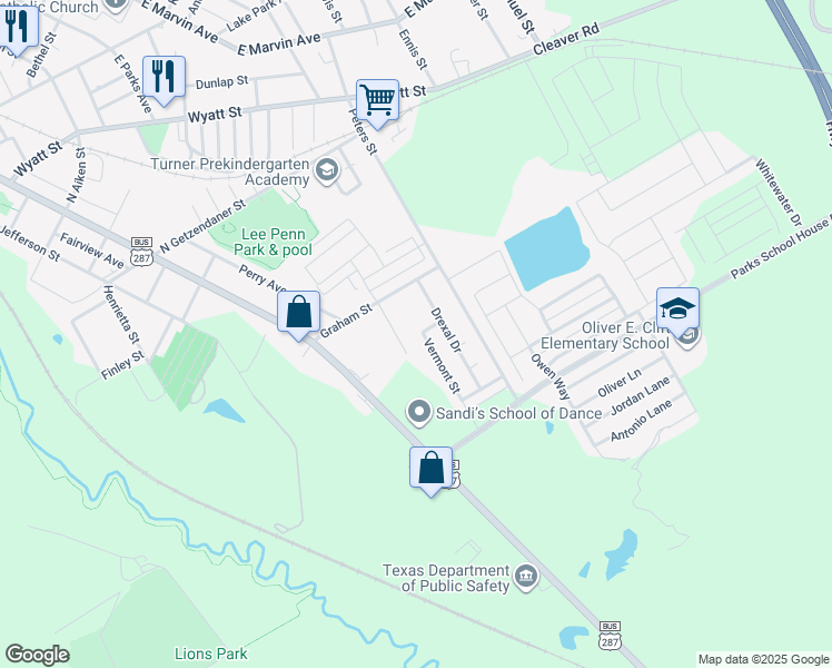map of restaurants, bars, coffee shops, grocery stores, and more near 1498 Vermont Street in Waxahachie