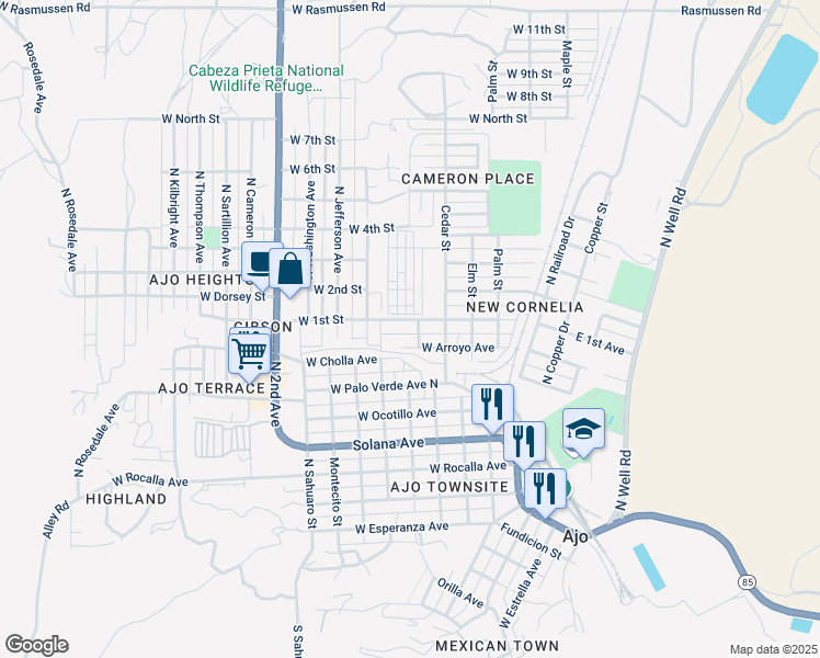 map of restaurants, bars, coffee shops, grocery stores, and more near 531 West 1st Street in Ajo