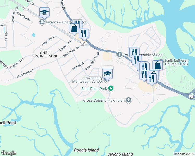 map of restaurants, bars, coffee shops, grocery stores, and more near 327 Cockle Lane in Beaufort