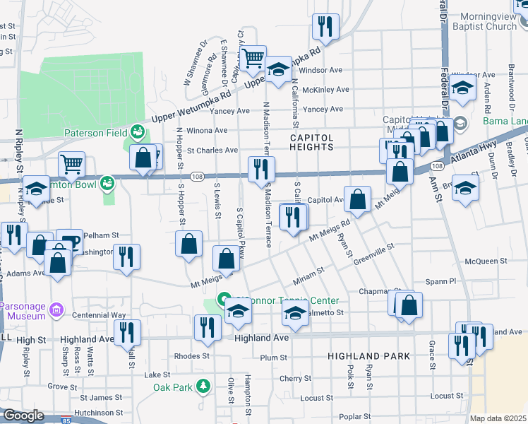 map of restaurants, bars, coffee shops, grocery stores, and more near 116 South Madison Terrace in Montgomery