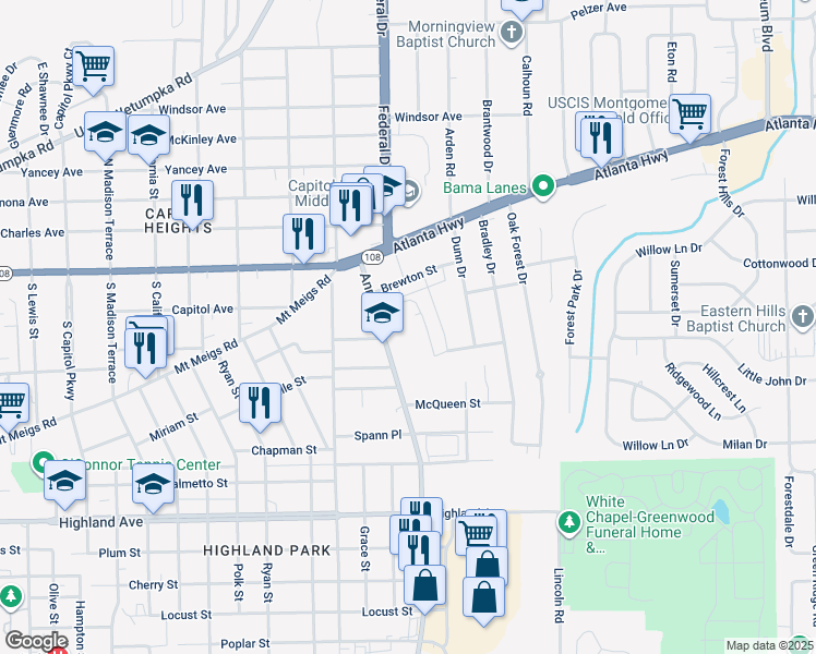 map of restaurants, bars, coffee shops, grocery stores, and more near 225 Ann Street in Montgomery