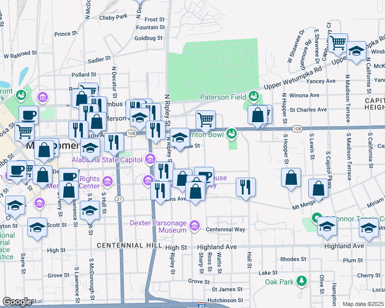 map of restaurants, bars, coffee shops, grocery stores, and more near 110 North Jackson Street in Montgomery