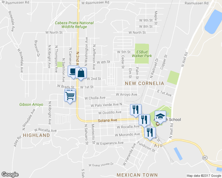 map of restaurants, bars, coffee shops, grocery stores, and more near 531 West 1st Street in Ajo