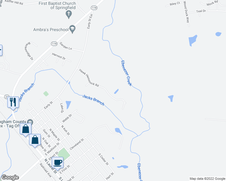 map of restaurants, bars, coffee shops, grocery stores, and more near 287 Hawk Hammock Road in Springfield