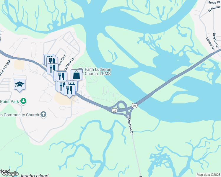 map of restaurants, bars, coffee shops, grocery stores, and more near 19 Marina Village Lane in Beaufort