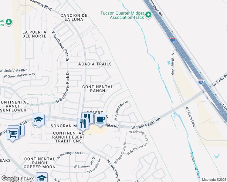 map of restaurants, bars, coffee shops, grocery stores, and more near 9506 North Stonebrook Drive in Tucson