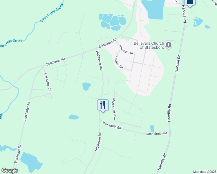 map of restaurants, bars, coffee shops, grocery stores, and more near 1924A High Tower Road in Statesboro