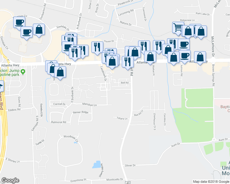map of restaurants, bars, coffee shops, grocery stores, and more near 6108 Bell Road Manor in Montgomery