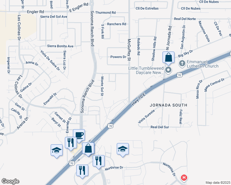 map of restaurants, bars, coffee shops, grocery stores, and more near 5414 Sombra Azul Street in Las Cruces