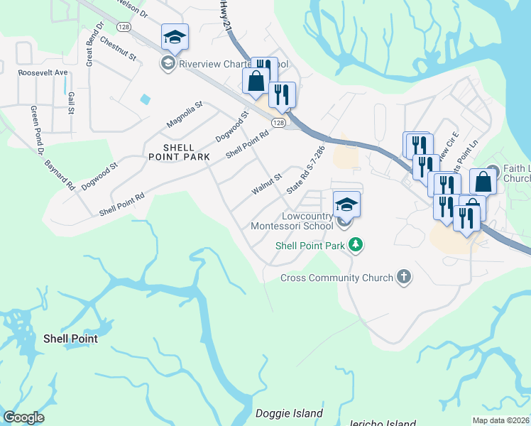 map of restaurants, bars, coffee shops, grocery stores, and more near 3006 State Road S-7-286 in Beaufort