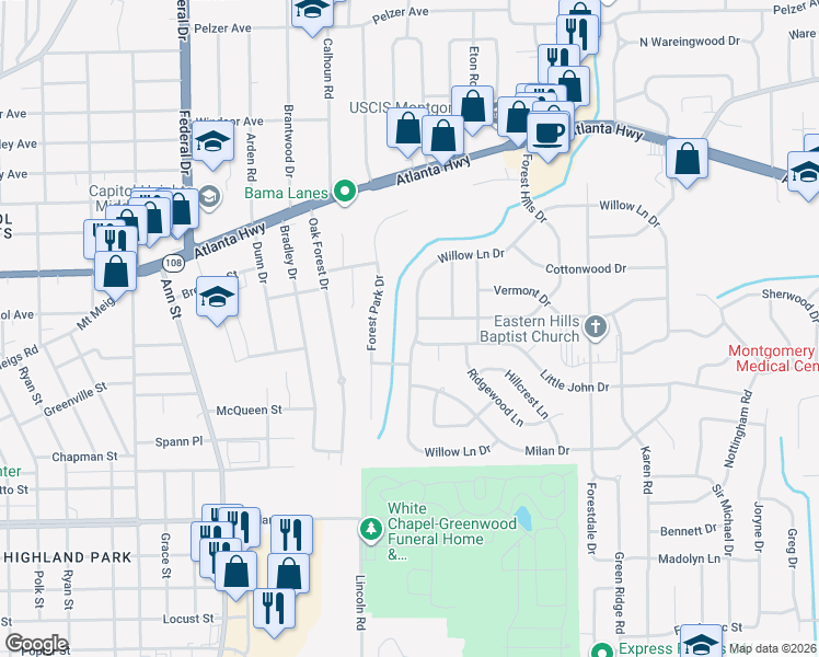 map of restaurants, bars, coffee shops, grocery stores, and more near 3145 Willow Lane Drive in Montgomery