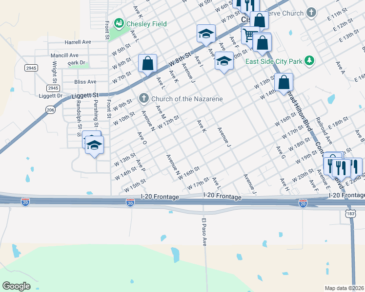 map of restaurants, bars, coffee shops, grocery stores, and more near 907 West 14th Street in Cisco