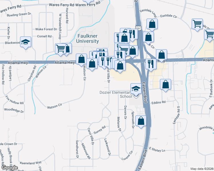 map of restaurants, bars, coffee shops, grocery stores, and more near 118 Carol Villa Drive in Montgomery