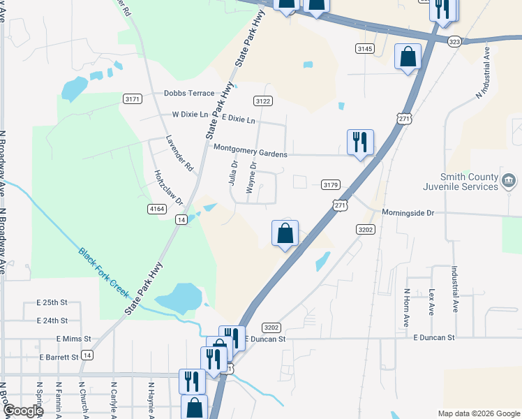 map of restaurants, bars, coffee shops, grocery stores, and more near 771 Linda Avenue in Tyler