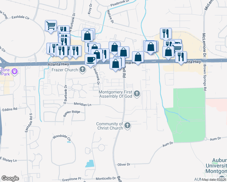 map of restaurants, bars, coffee shops, grocery stores, and more near 6128 Bell Road Manor in Montgomery