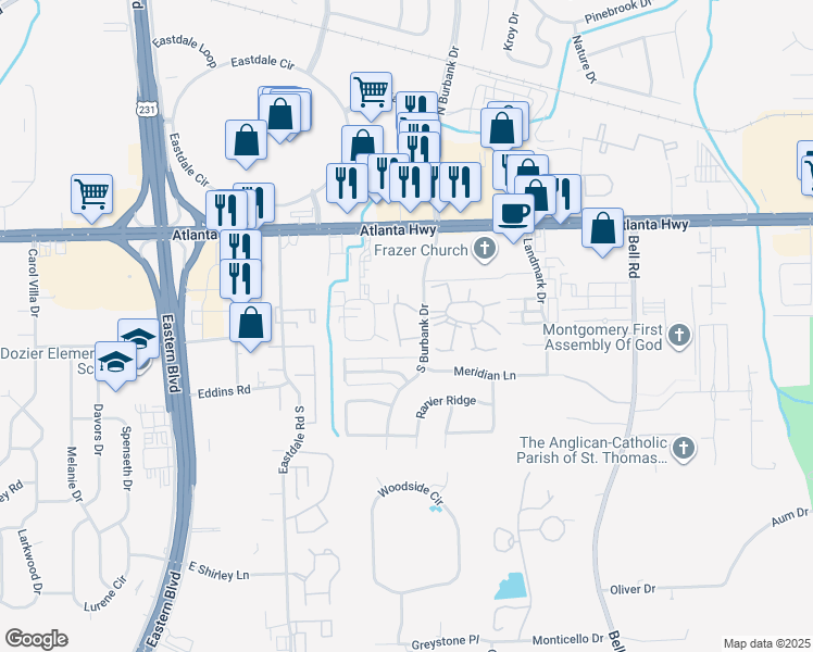 map of restaurants, bars, coffee shops, grocery stores, and more near 295 Mendel Parkway West in Montgomery