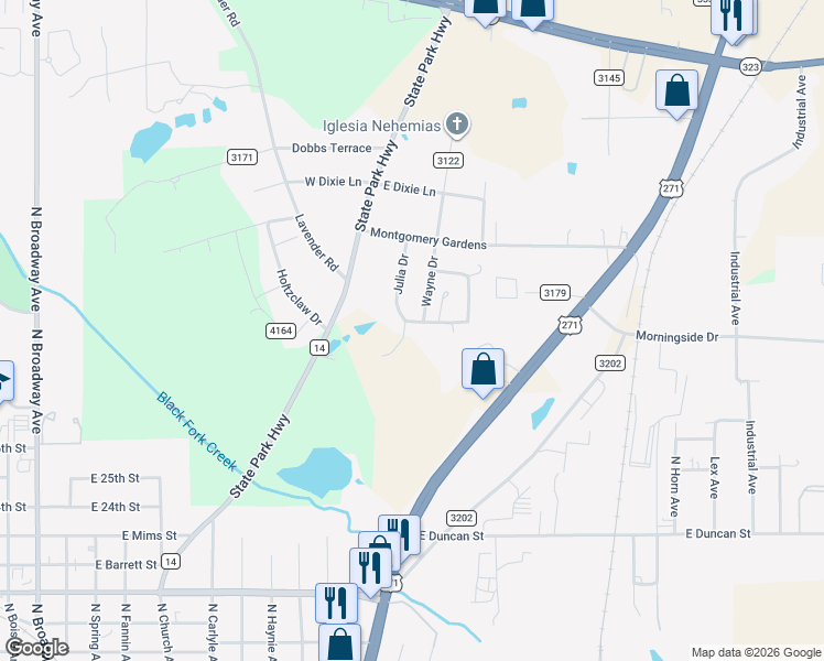 map of restaurants, bars, coffee shops, grocery stores, and more near 440 Earlene Street in Tyler