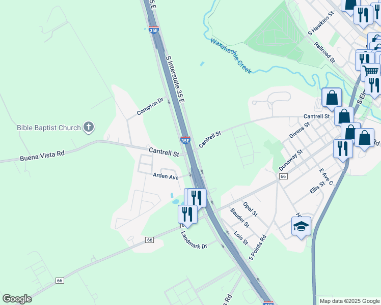 map of restaurants, bars, coffee shops, grocery stores, and more near 1099 Cantrell Street in Waxahachie