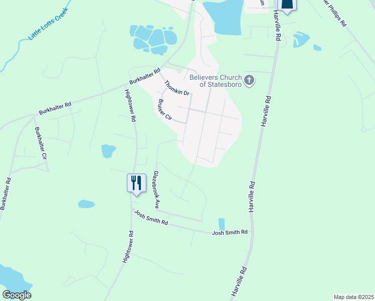 map of restaurants, bars, coffee shops, grocery stores, and more near 141 Thomkin Drive in Statesboro