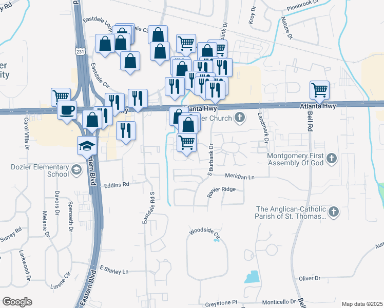 map of restaurants, bars, coffee shops, grocery stores, and more near 295 Mendel Parkway West in Montgomery