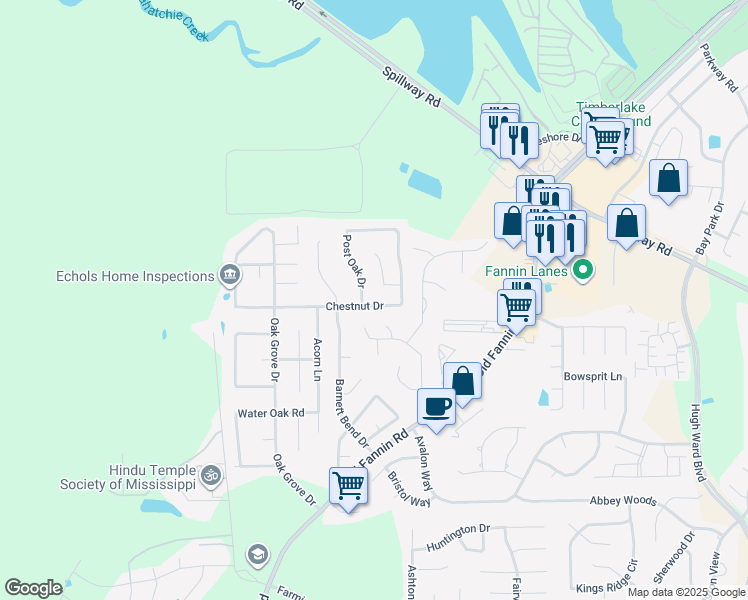 map of restaurants, bars, coffee shops, grocery stores, and more near 115 Chestnut Dr in Brandon
