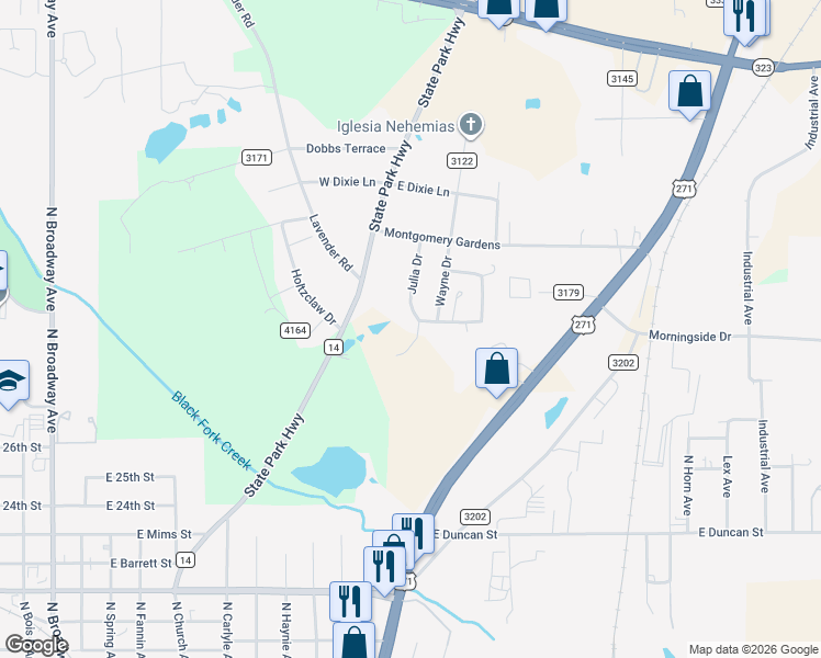 map of restaurants, bars, coffee shops, grocery stores, and more near 440 Earlene Street in Tyler