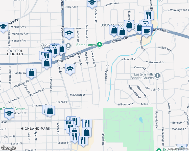 map of restaurants, bars, coffee shops, grocery stores, and more near 121 Oak Forest Drive in Montgomery