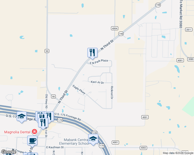 map of restaurants, bars, coffee shops, grocery stores, and more near 419 Kaci Jo Drive in Mabank