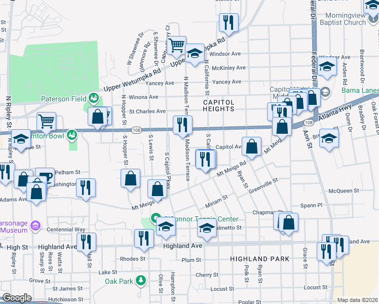 map of restaurants, bars, coffee shops, grocery stores, and more near 1802 Capitol Avenue in Montgomery