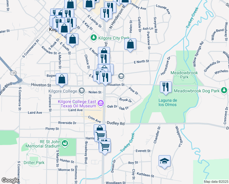 map of restaurants, bars, coffee shops, grocery stores, and more near 1107 Brook Drive in Kilgore