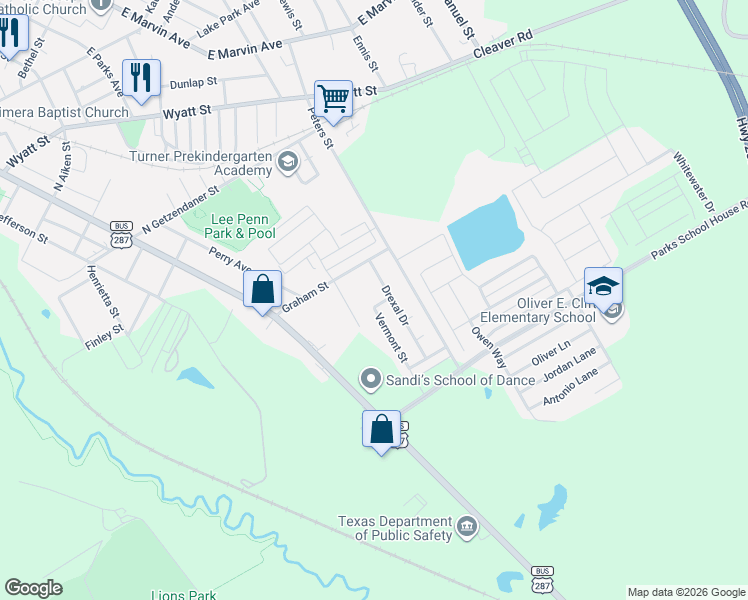 map of restaurants, bars, coffee shops, grocery stores, and more near 1492 Vermont Street in Waxahachie