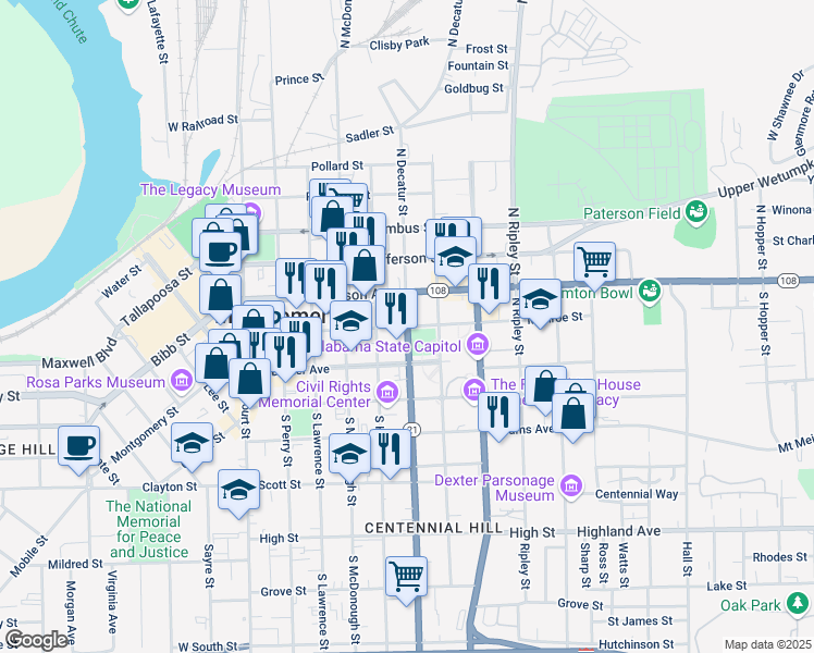 map of restaurants, bars, coffee shops, grocery stores, and more near 101 South Decatur Street in Montgomery
