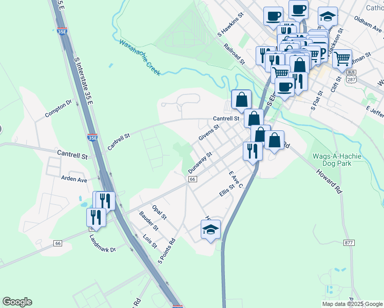 map of restaurants, bars, coffee shops, grocery stores, and more near 401 Pasley Street in Waxahachie