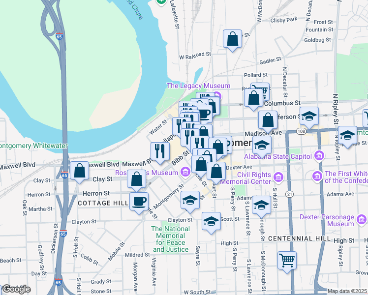 map of restaurants, bars, coffee shops, grocery stores, and more near 282 Bibb Street in Montgomery