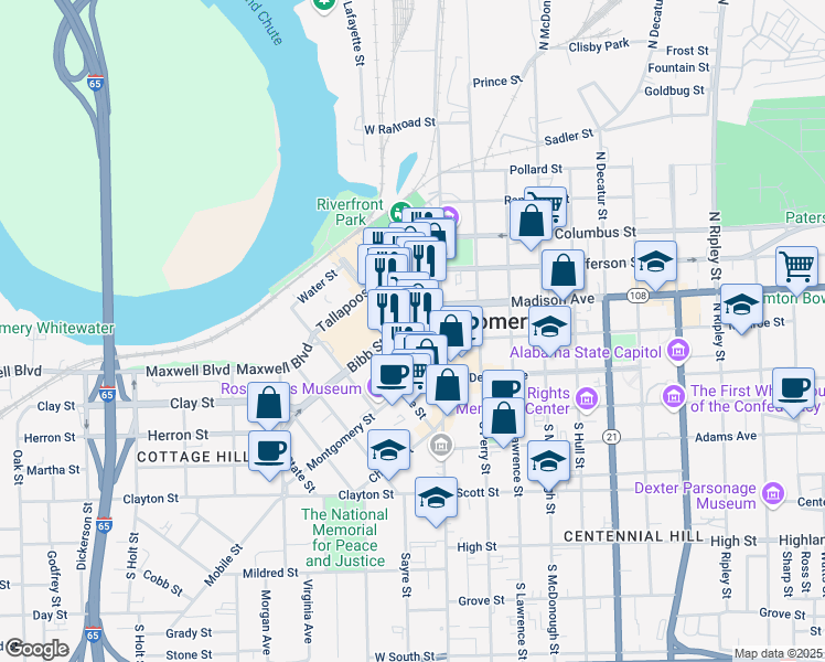 map of restaurants, bars, coffee shops, grocery stores, and more near 74 Commerce Street in Montgomery
