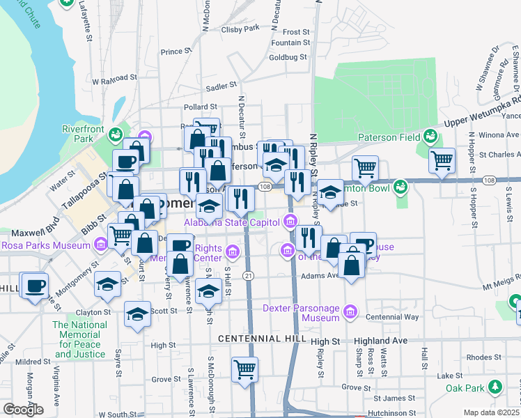 map of restaurants, bars, coffee shops, grocery stores, and more near Monroe Street in Montgomery