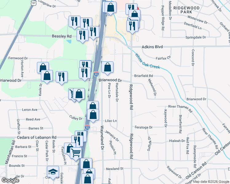 map of restaurants, bars, coffee shops, grocery stores, and more near 5535 Hartsdale Dr in Jackson