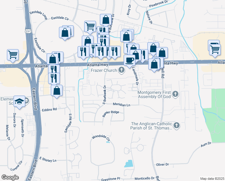map of restaurants, bars, coffee shops, grocery stores, and more near 83 South Burbank Drive in Montgomery
