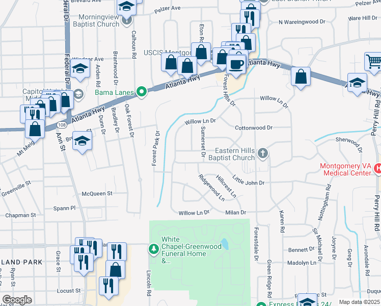 map of restaurants, bars, coffee shops, grocery stores, and more near 601 Forest Hills Drive in Montgomery