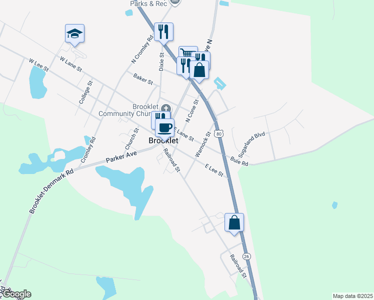 map of restaurants, bars, coffee shops, grocery stores, and more near 205 East Lee Street in Brooklet