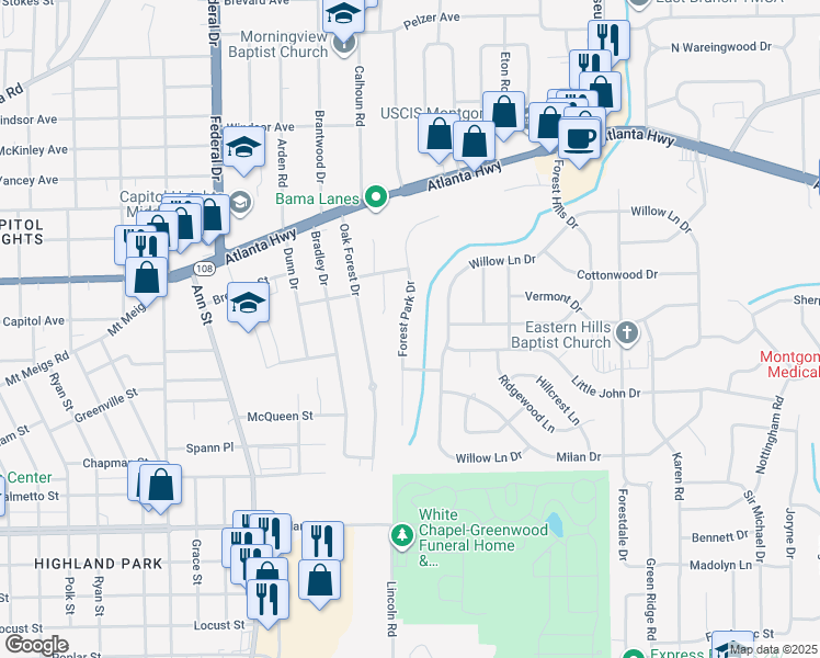 map of restaurants, bars, coffee shops, grocery stores, and more near 447 Forest Park Dr in Montgomery
