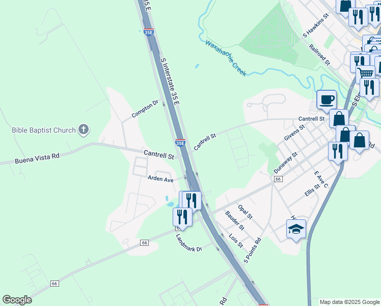 map of restaurants, bars, coffee shops, grocery stores, and more near 1099 Cantrell Street in Waxahachie