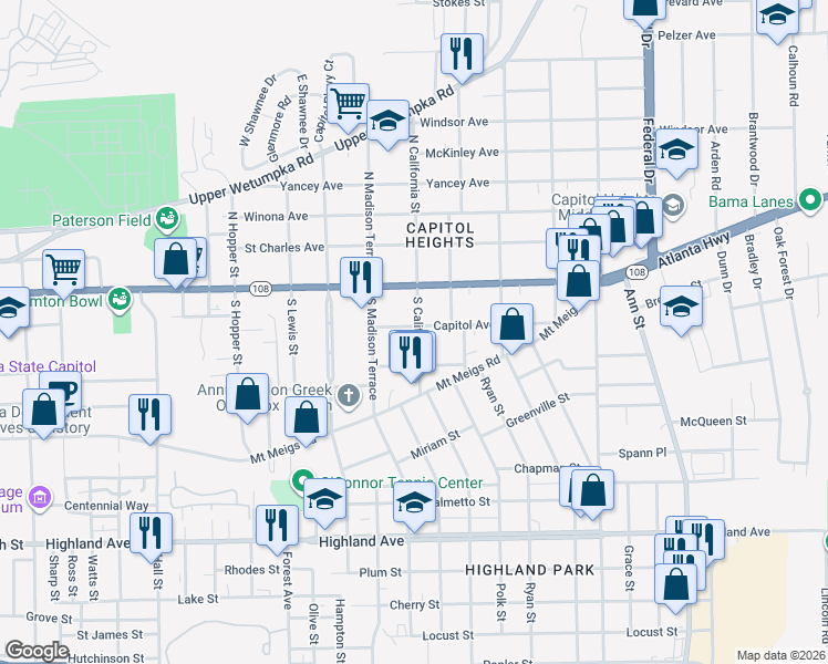 map of restaurants, bars, coffee shops, grocery stores, and more near 1840 Capitol Avenue in Montgomery