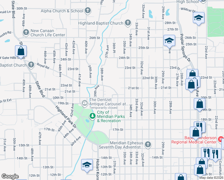 map of restaurants, bars, coffee shops, grocery stores, and more near 3619 Royal Road in Meridian