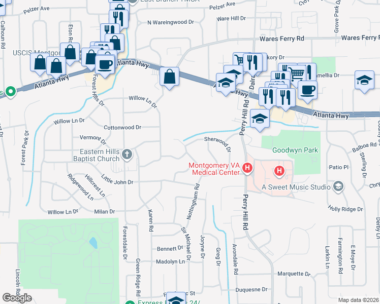 map of restaurants, bars, coffee shops, grocery stores, and more near 168 Nottingham Court in Montgomery